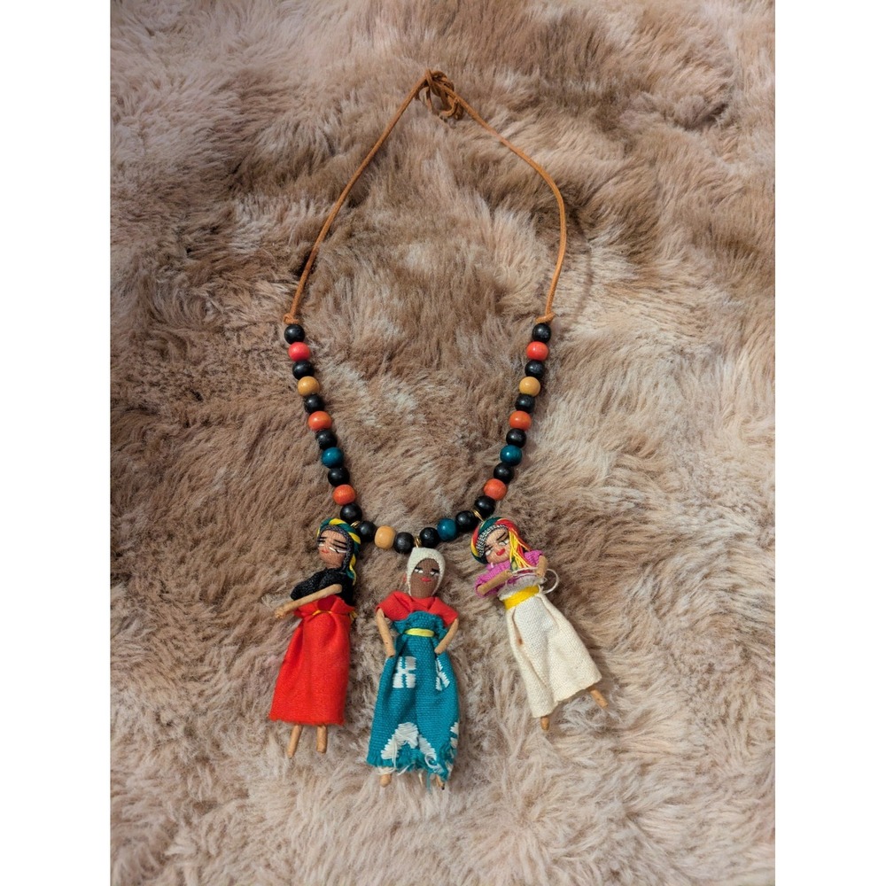 Vintage Folk Art Doll Necklace Leather Cord & Wooded Beading Colorful Ethnic 20"